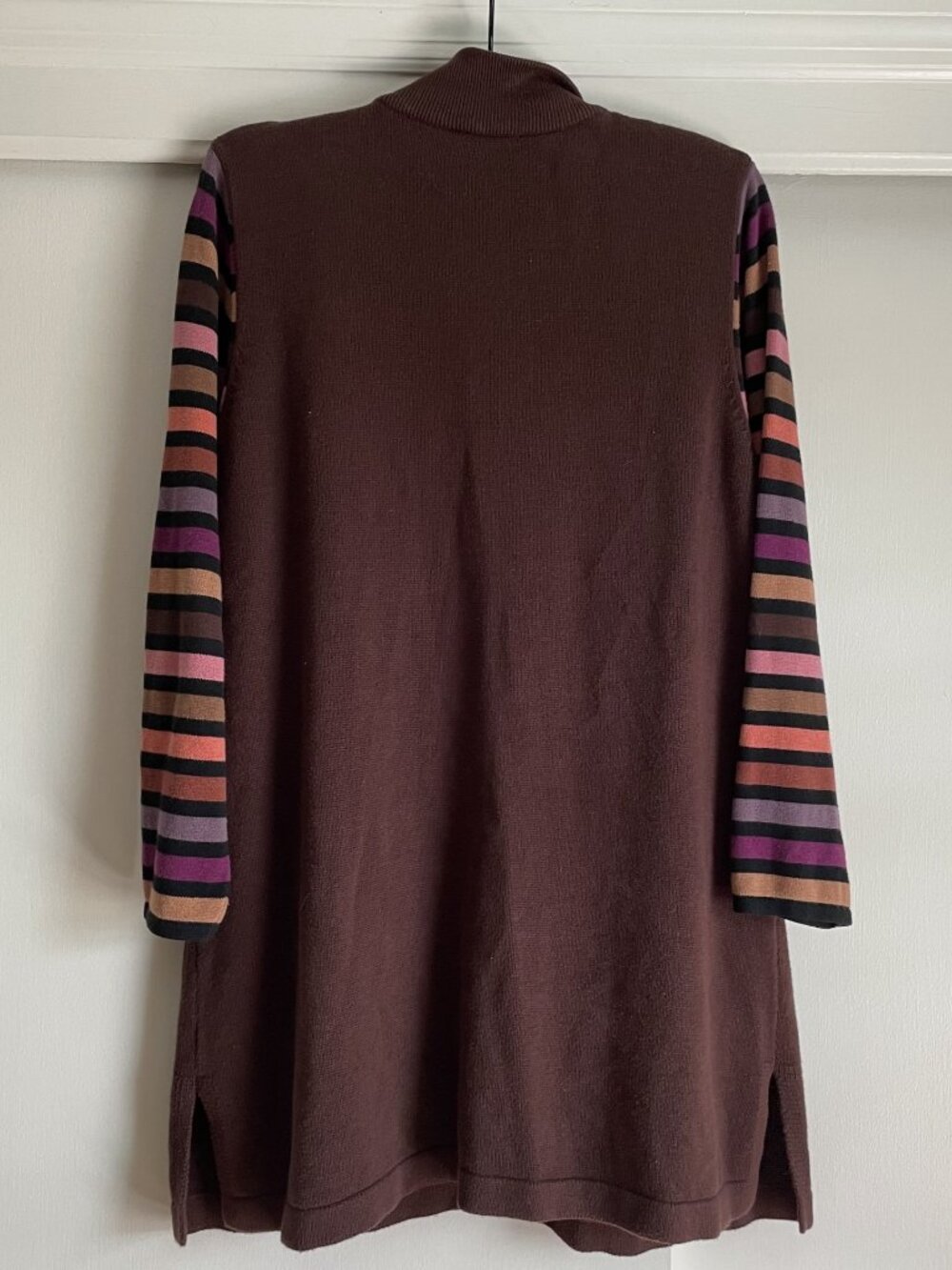 Bob Mackie Vintage Button Front Tall Long Cardigan Sweater L Brown Stripe Duster - Picture 8 of 10